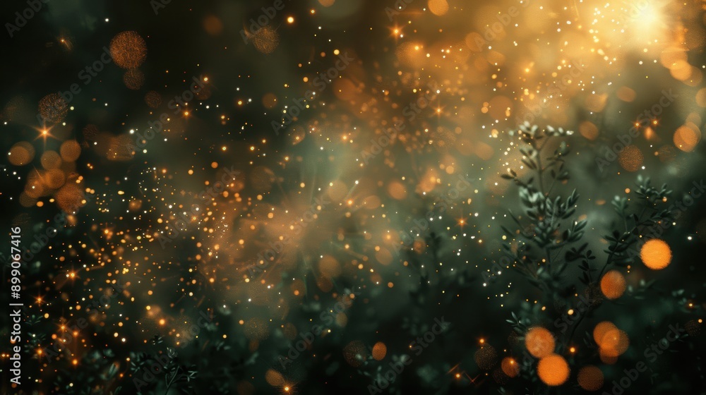 A magical scene of golden bokeh lights sparkling in a dark forest, creating a mystical and enchanting atmosphere. A magical scene of golden bokeh lights sparkling in a dark forest, creating a mystical and enchanting atmosphere.