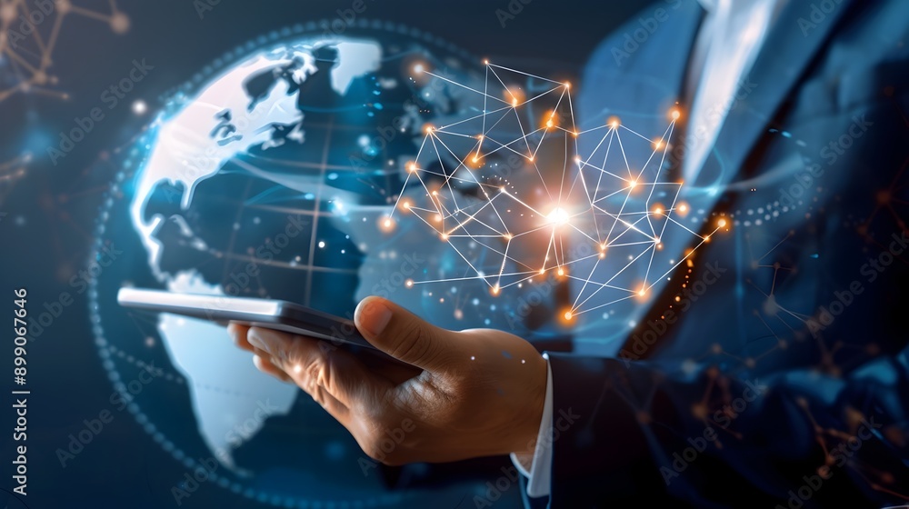 Businessman Holds Digital Tablet with Transak and Visa Partnership,Symbolizing Global Expansion and Opportunities Businessman Holds Digital Tablet with Transak and Visa Partnership,Symbolizing Global Expansion and Opportunities