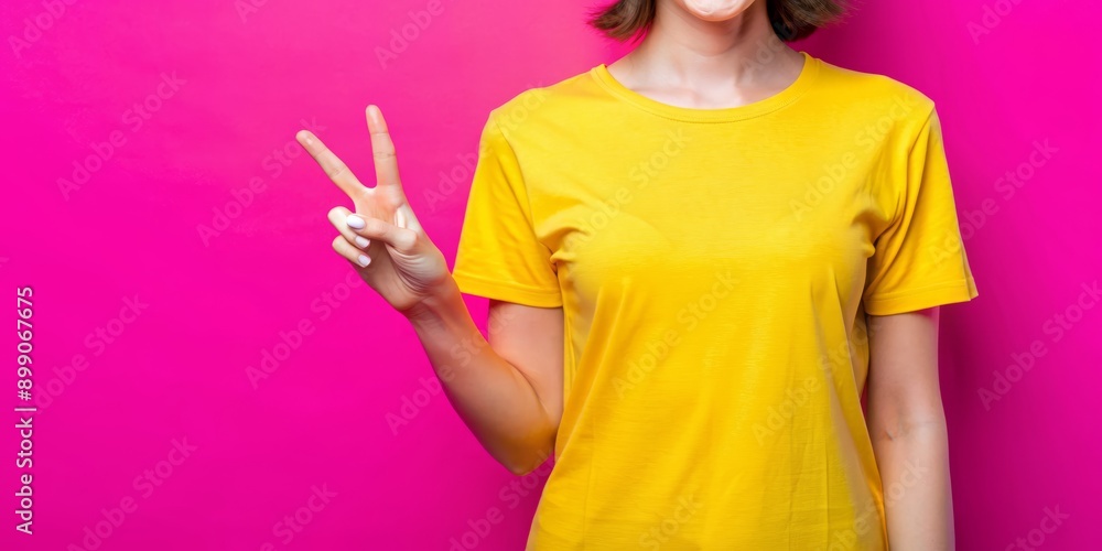 Brightly colored yellow t-shirt fronts a vibrant pink background, empty space awaits direction, as two fingers gesture enthusiastically in a playful, creative composition. Brightly colored yellow t-shirt fronts a vibrant pink background, empty space awaits direction, as two fingers gesture enthusiastically in a playful, creative composition.