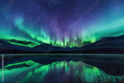 shimmering curtains of green and purple aurora borealis dancing across starry night sky reflecting in still mountain lake below