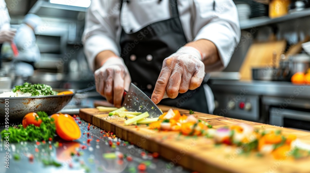 Close-up of a chef's hands preparing ingredients on a cutting board in a busy kitchen, showcasing skill and precision. Close-up of a chef's hands preparing ingredients on a cutting board in a busy kitchen, showcasing skill and precision.