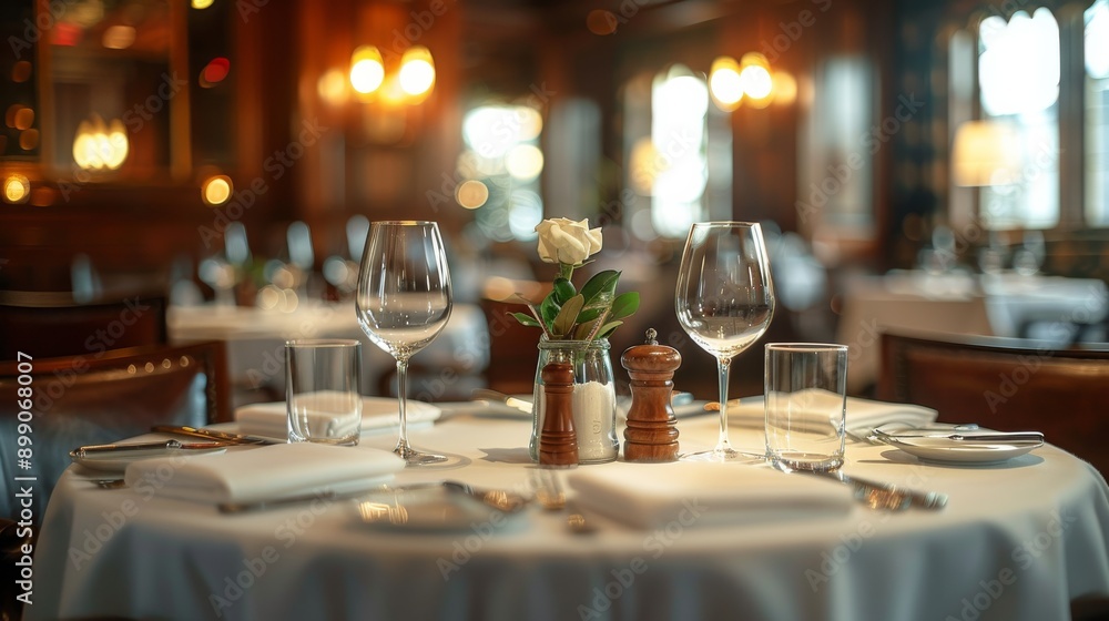 Elegant restaurant set for dinner service with a white rose centerpiece, creating a luxurious, romantic ambiance perfect for special occasions or a cozy date night Elegant restaurant set for dinner service with a white rose centerpiece, creating a luxurious, romantic ambiance perfect for special occasions or a cozy date night
