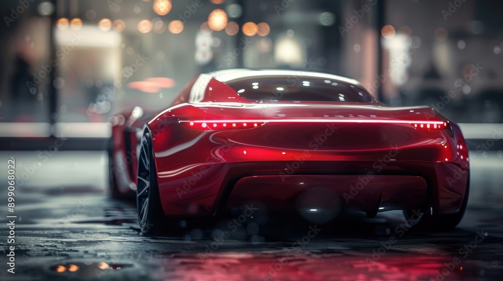 A sleek red sports car showcased at night under city lights, emphasizing its modern design and luxurious appeal. A sleek red sports car showcased at night under city lights, emphasizing its modern design and luxurious appeal.