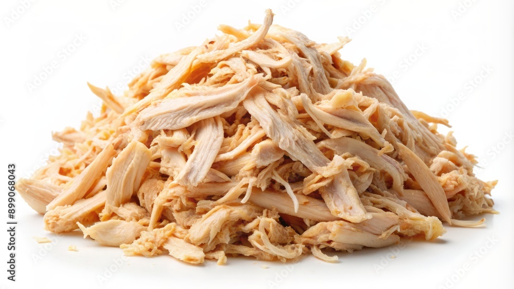 Freshly shredded pile of tender chicken meat arranged neatly on a clean white background, perfect for culinary and food compositions. Freshly shredded pile of tender chicken meat arranged neatly on a clean white background, perfect for culinary and food compositions.