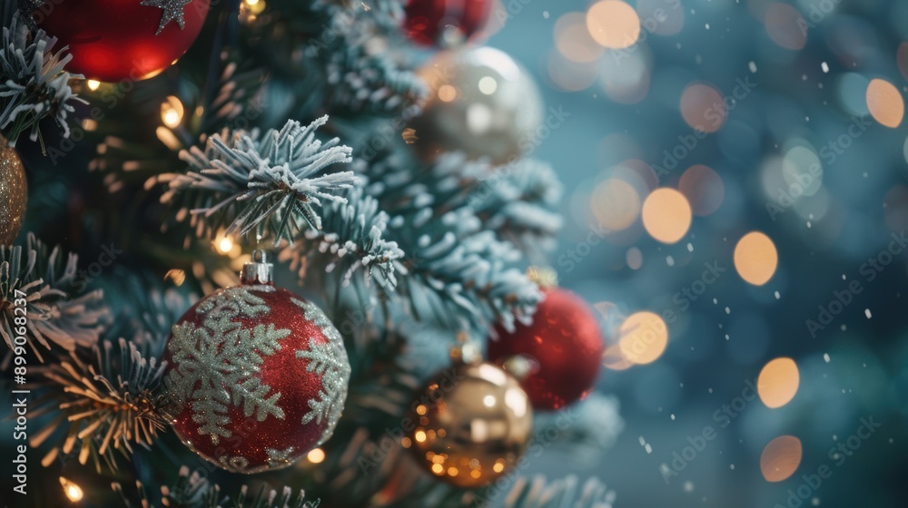 Snow-covered Christmas tree with red and gold baubles, surrounded by twinkling lights, creating a festive holiday ambiance. Snow-covered Christmas tree with red and gold baubles, surrounded by twinkling lights, creating a festive holiday ambiance.