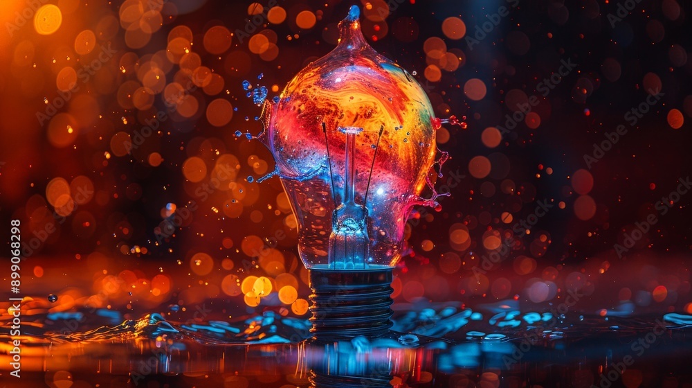 Creative Light Bulb Explodes into Colorful Paint Splashes: Red, Blue, Yellow, and Green Against a Dramatic Black Background with Dynamic, Energetic Patterns and Glowing Fragments Creative Light Bulb Explodes into Colorful Paint Splashes: Red, Blue, Yellow, and Green Against a Dramatic Black Background with Dynamic, Energetic Patterns and Glowing Fragments