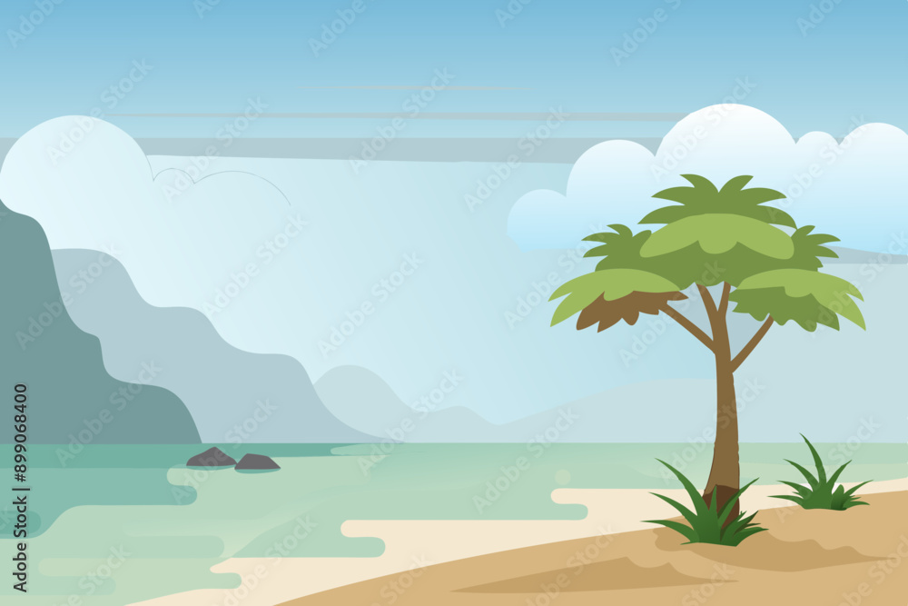 Obraz premium Foggy nature landscape illustration with beach, trees, and mountains