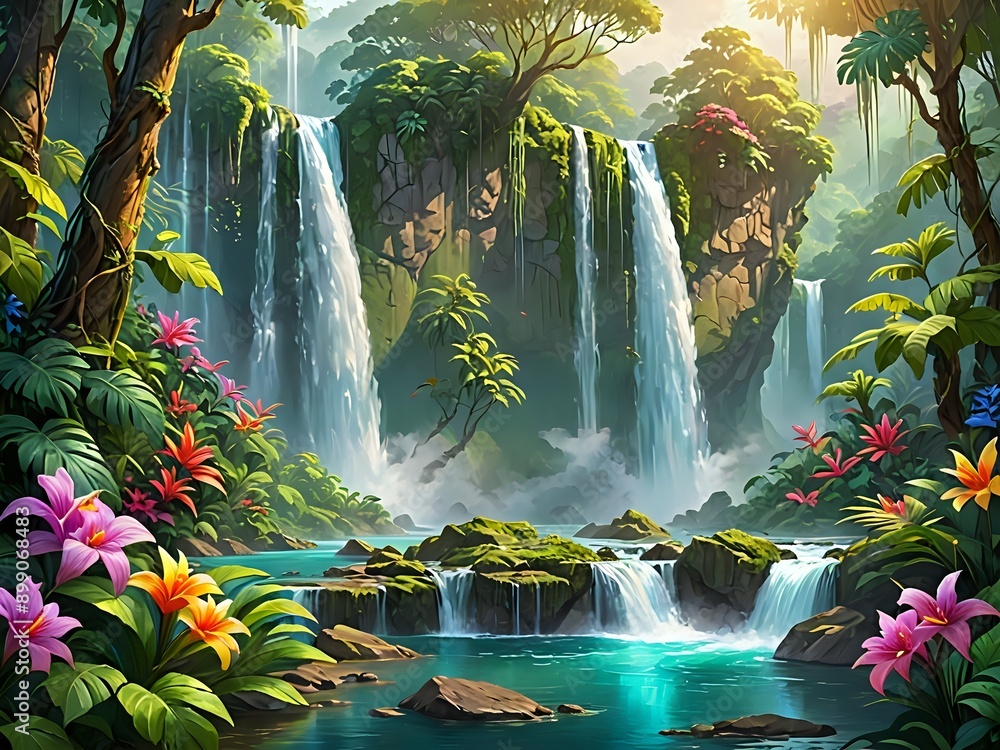 A majestic waterfall in a lush rainforest, surrounded by vibrant vegetation and colorful flowers, fantasy art A majestic waterfall in a lush rainforest, surrounded by vibrant vegetation and colorful flowers, fantasy art