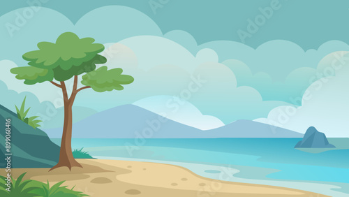 Foggy nature landscape illustration with beach, trees, and mountains