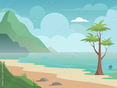 Foggy nature landscape illustration with beach, trees, and mountains