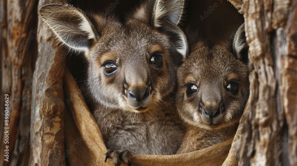 Fototapeta premium Two cute baby kangaroos peeking out of their mother's pouch.