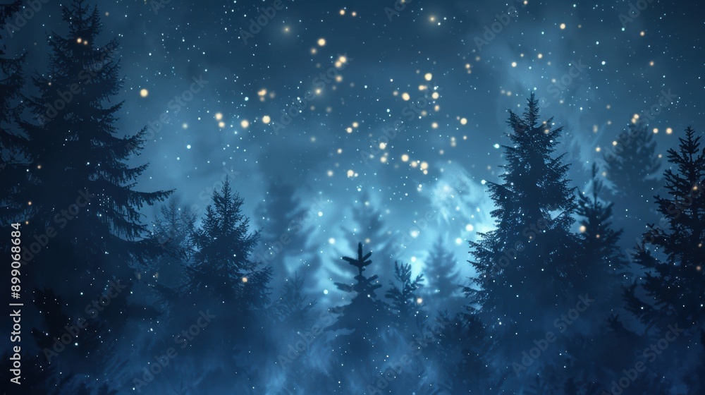 A misty forest at night with glowing fireflies and a starry sky, creating a magical and serene atmosphere. A misty forest at night with glowing fireflies and a starry sky, creating a magical and serene atmosphere.