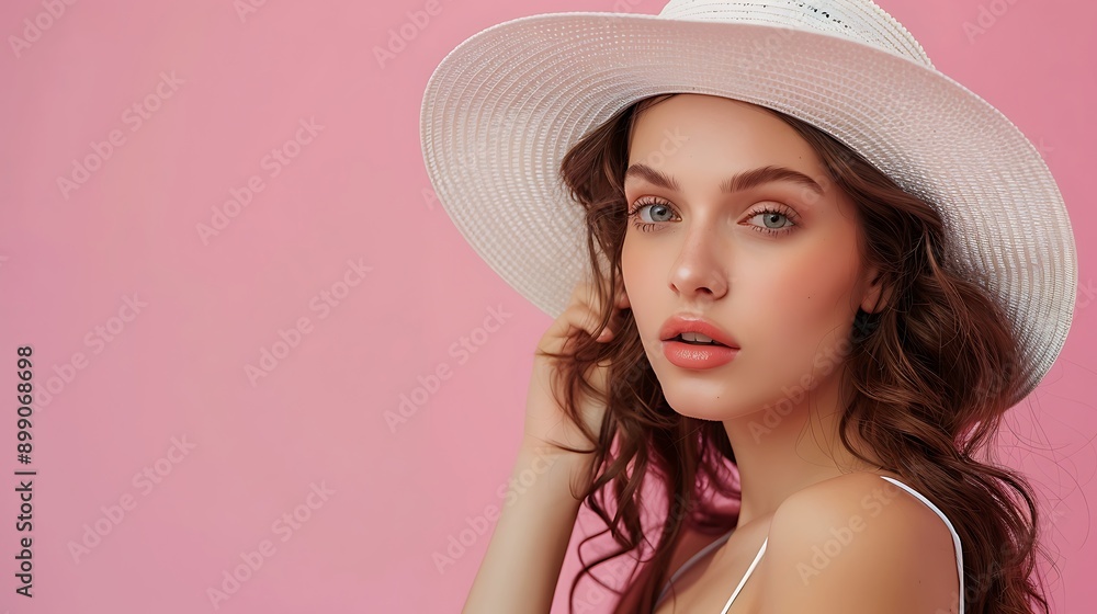 Elegant Woman in White Hat Against Pink Background Elegant Woman in White Hat Against Pink Background