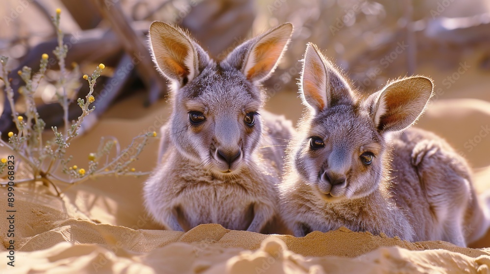 Fototapeta premium endearing sight of baby kangaroos snuggling on a desert sand-inspired background, their tiny ears and gentle hops captured in breathtaking 8k full ultra HD 