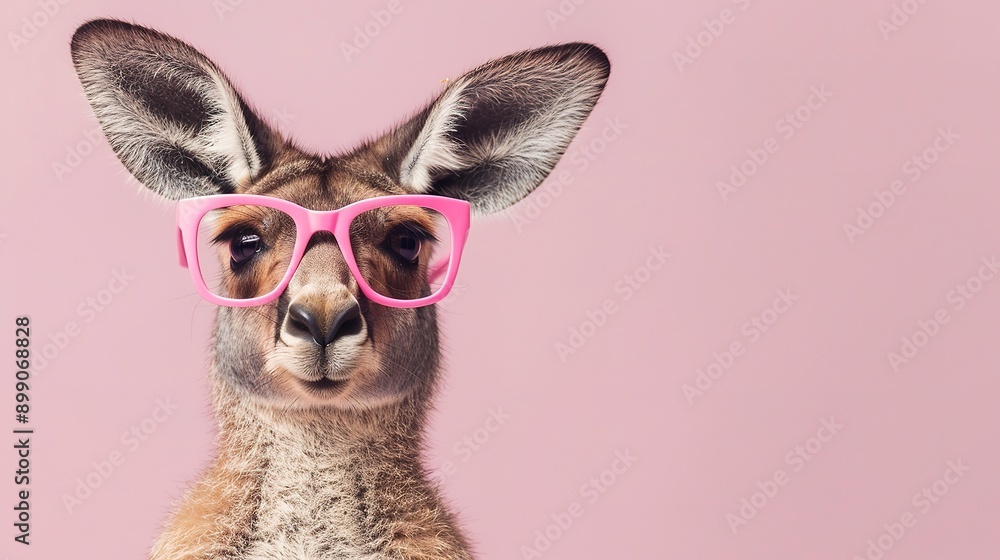kangaroo in pink glasses. banner with pink background. Australian animal. advertising. sale. postcard kangaroo in pink glasses. banner with pink background. Australian animal. advertising. sale. postcard