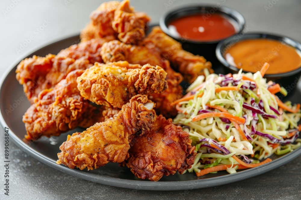 Obraz premium Crispy Fried Chicken with Coleslaw and Dipping Sauces