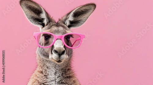 kangaroo in pink glasses. banner with pink background. Australian animal. advertising. sale. postcard  photo