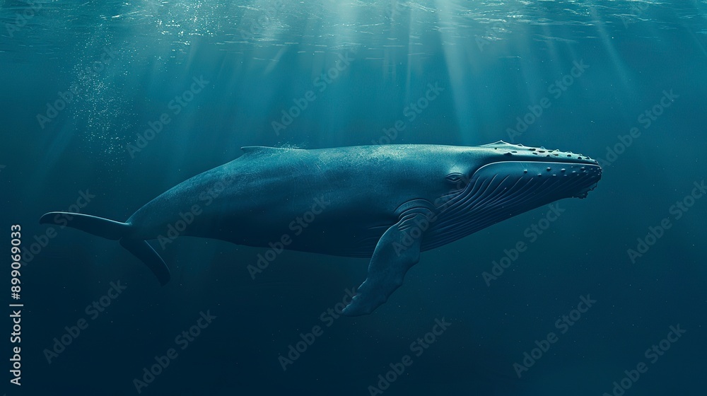 Fototapeta premium A blue whale swims alone in the deep ocean