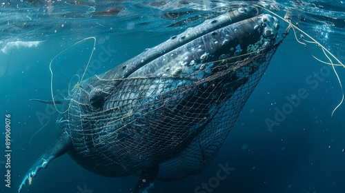 Fototapeta Naklejka Na Ścianę i Meble -  a whale caught in a fishing net highlights the problem of marine life affected 