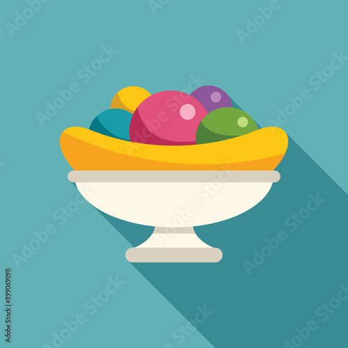 White pedestal bowl holding a variety of colorful fruits, including bananas, grapes, and other round fruits