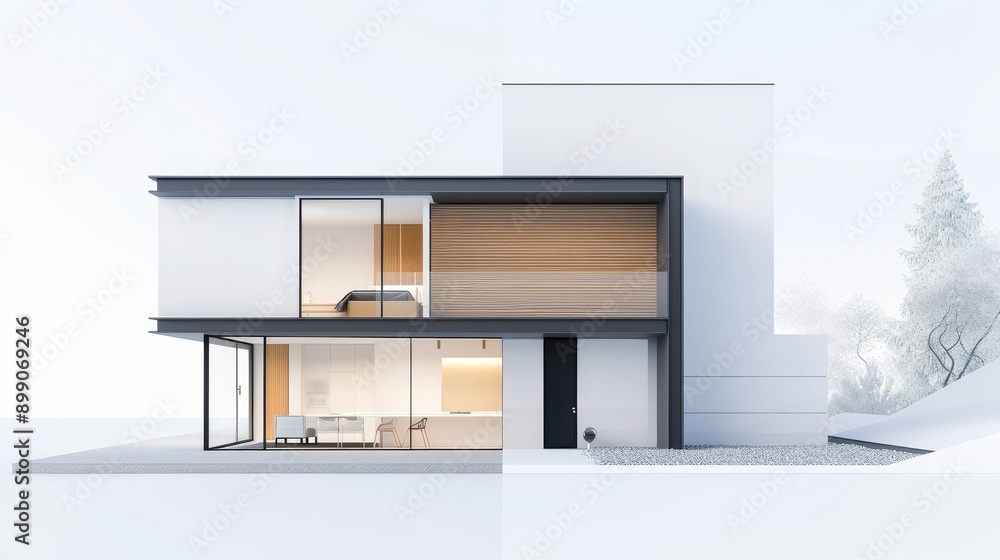Detailed cross-section of a modern house, revealing the internal structure, framework, and innovative construction techniques used Detailed cross-section of a modern house, revealing the internal structure, framework, and innovative construction techniques used