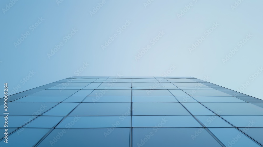 The exterior of a futuristic skyscraper with mirrored glass panels, reflecting the urban skyline, set against a clear blue sky The exterior of a futuristic skyscraper with mirrored glass panels, reflecting the urban skyline, set against a clear blue sky