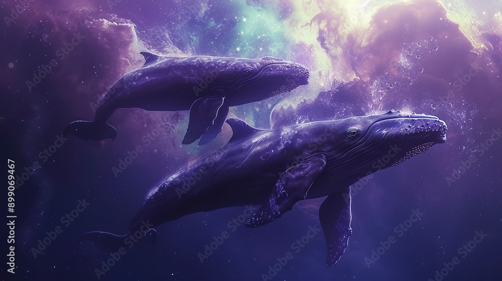 Fototapeta premium witness ethereal cosmic whales swimming 