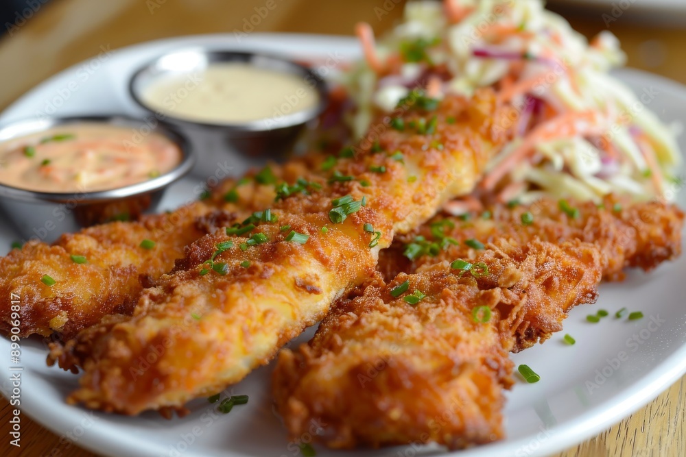 Crispy Fried Chicken Tenders with Coleslaw and Dipping Sauces Crispy Fried Chicken Tenders with Coleslaw and Dipping Sauces