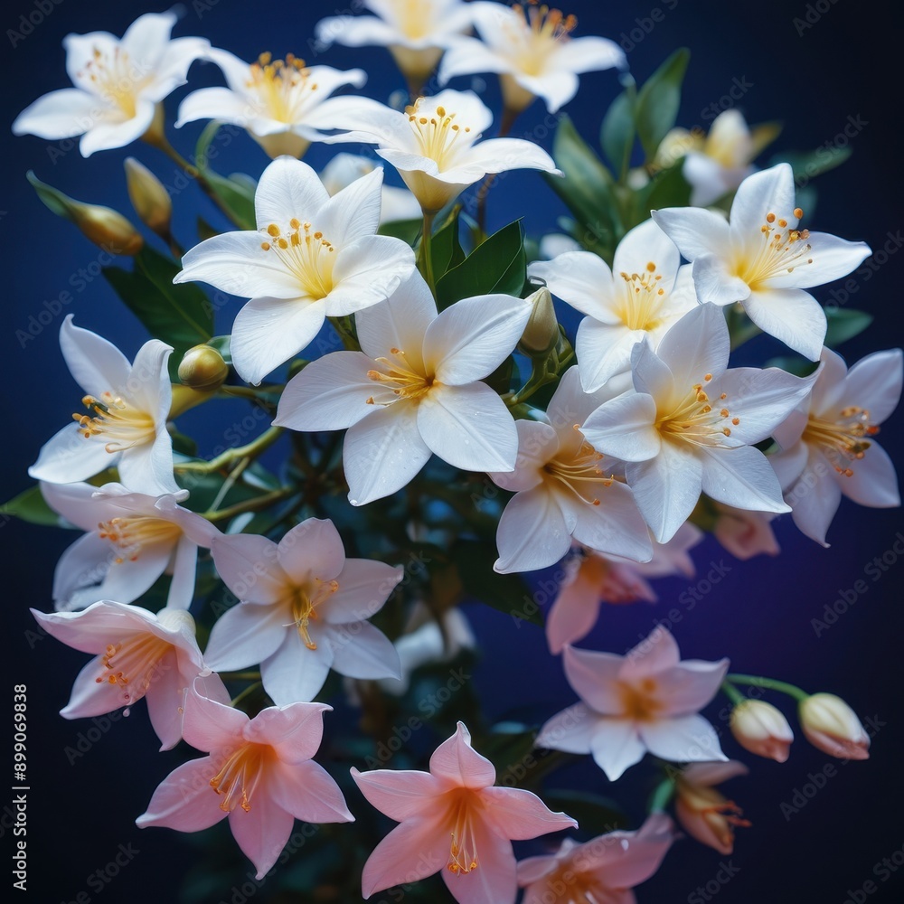 Obraz premium White and Pink Flowers on Blue Background.