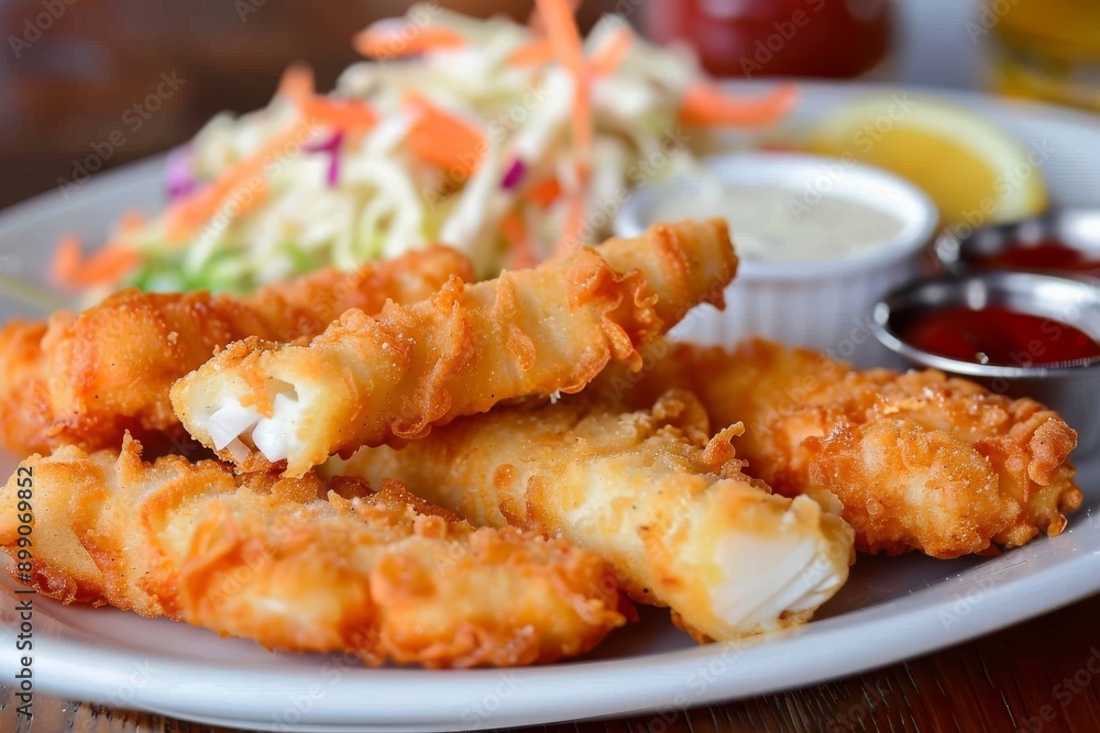 Close-up of Crispy Fried Fish Sticks and a Side of Coleslaw Close-up of Crispy Fried Fish Sticks and a Side of Coleslaw