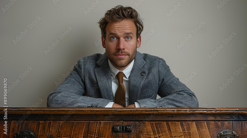 Fototapeta premium Businessman in formal attire seated on a chest.