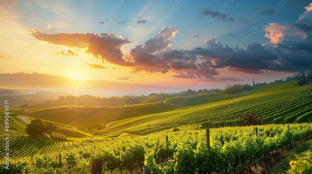 Fototapeta premium Sunset Over a Hilltop Vineyard: A Serene Outdoor Nature Experience