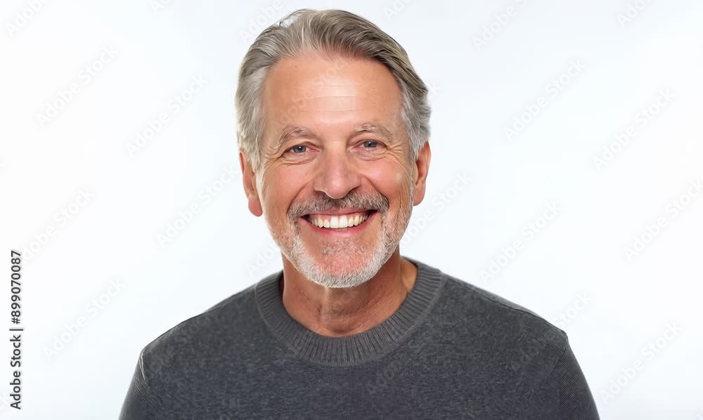 Lifestyle portrait video of a grinning man in his 50s that is placed against a white background Lifestyle portrait video of a grinning man in his 50s that is placed against a white background