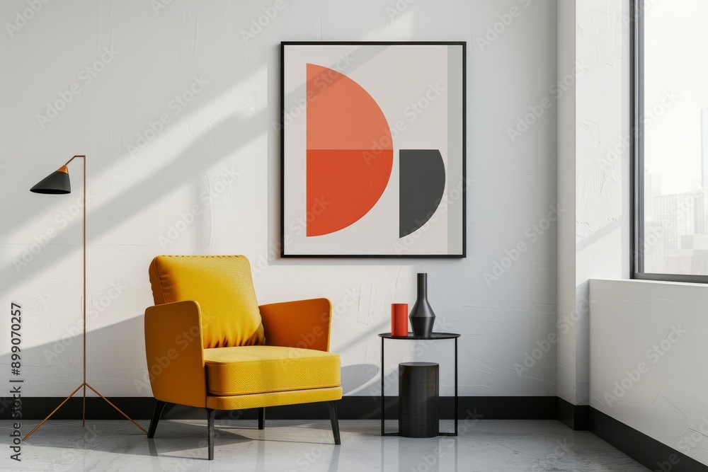 Modern Living Room Interior Design with Yellow Armchair and Abstract Art Modern Living Room Interior Design with Yellow Armchair and Abstract Art