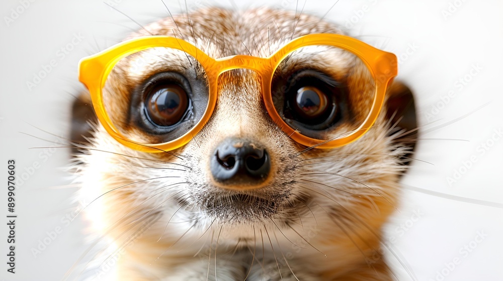 A close-up of a meerkat with orange glasses. A close-up of a meerkat with orange glasses.