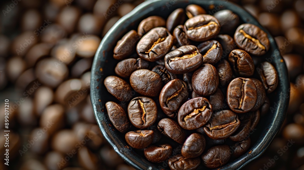 Fototapeta premium Black ceramic bowl overflows with aromatic roasted coffee beans, promising a flavorful start to the day. Perfect for a cozy breakfast or a visit to your favorite cafe