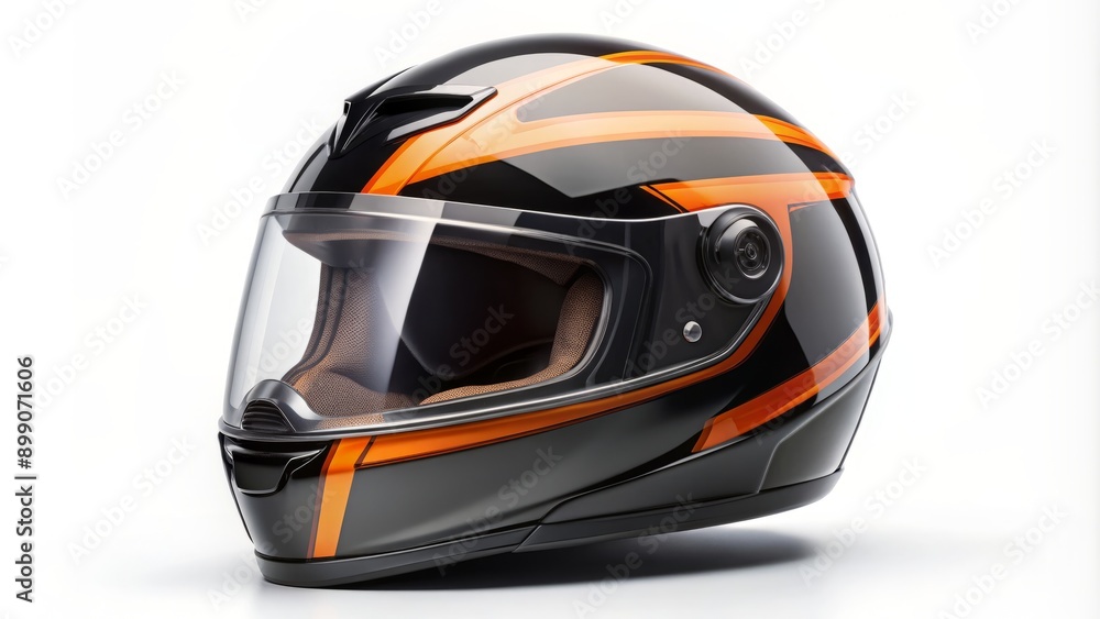 Fototapeta premium A sleek black motorcycle helmet with vibrant orange stripe and clear visor stands solo on a transparent background.