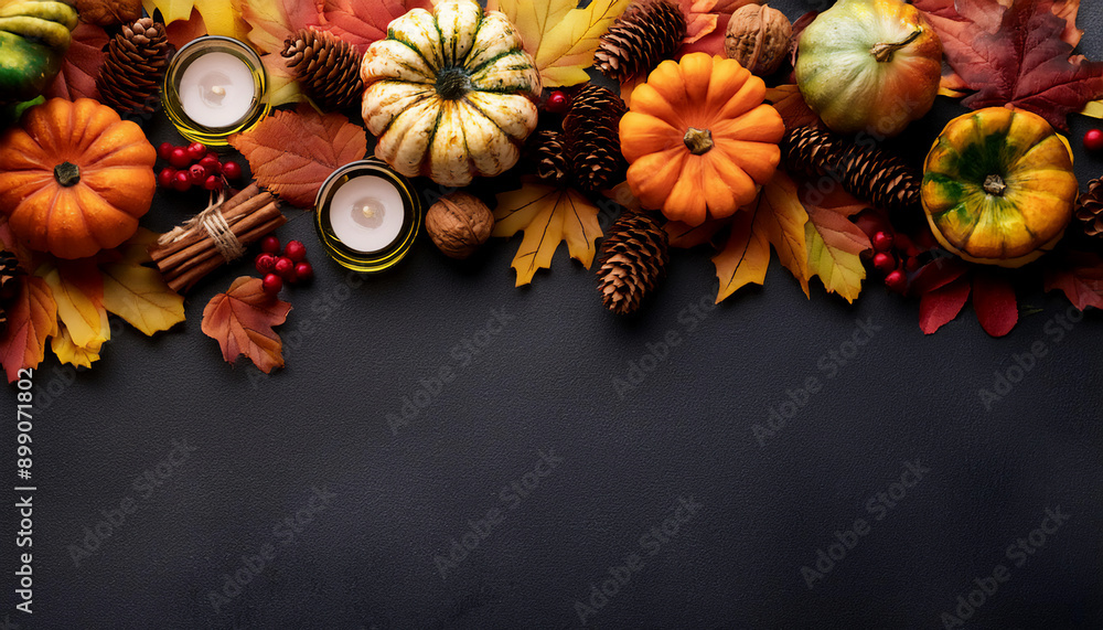 Autumn or Thanksgiving decoration arranged at the top border on a dark background space to write Autumn or Thanksgiving decoration arranged at the top border on a dark background space to write