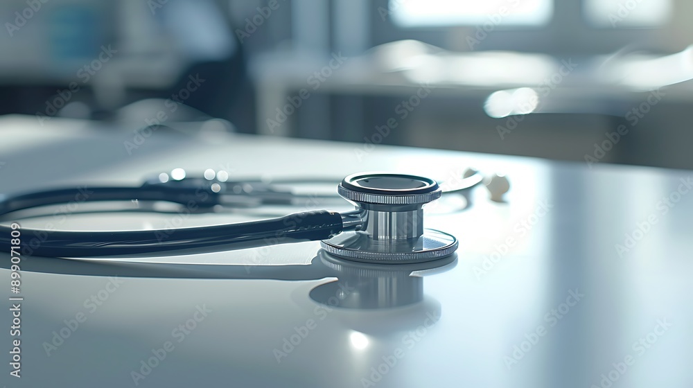 A close-up shot of a modern stethoscope resting on a white table A close-up shot of a modern stethoscope resting on a white table