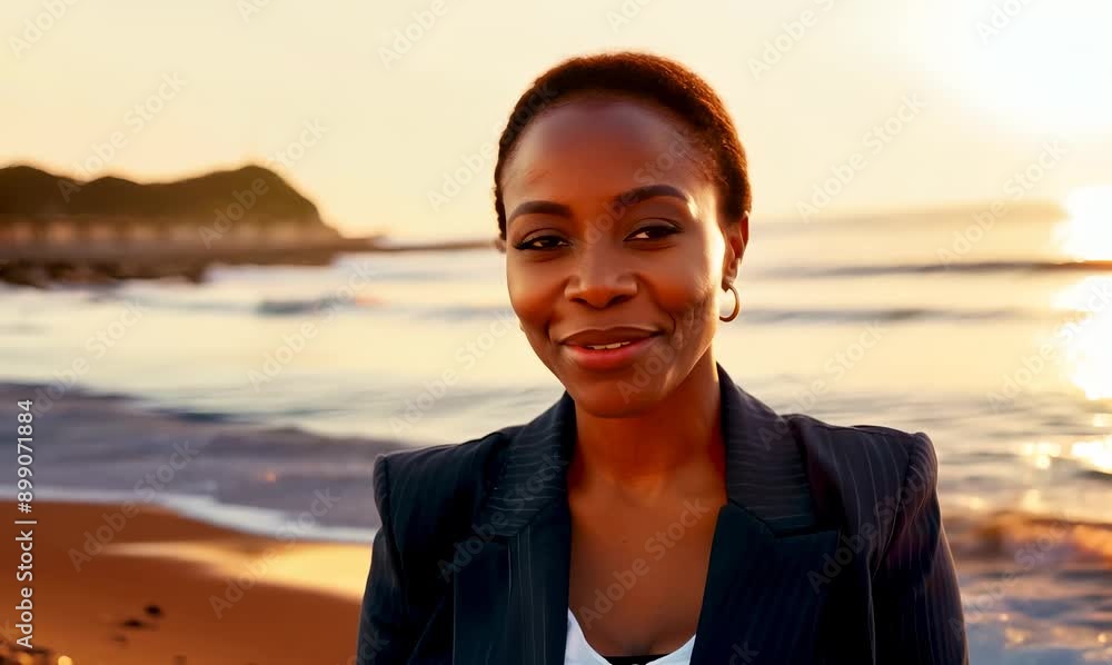 Portrait video of a satisfied Nigerian black woman in her 40s wearing a classic blazer against a beach background Portrait video of a satisfied Nigerian black woman in her 40s wearing a classic blazer against a beach background