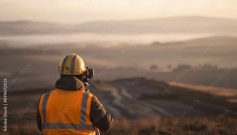 Construction worker in a yellow hardhat and safety vest looks out over a large construction site. Construction worker in a yellow hardhat and safety vest looks out over a large construction site.