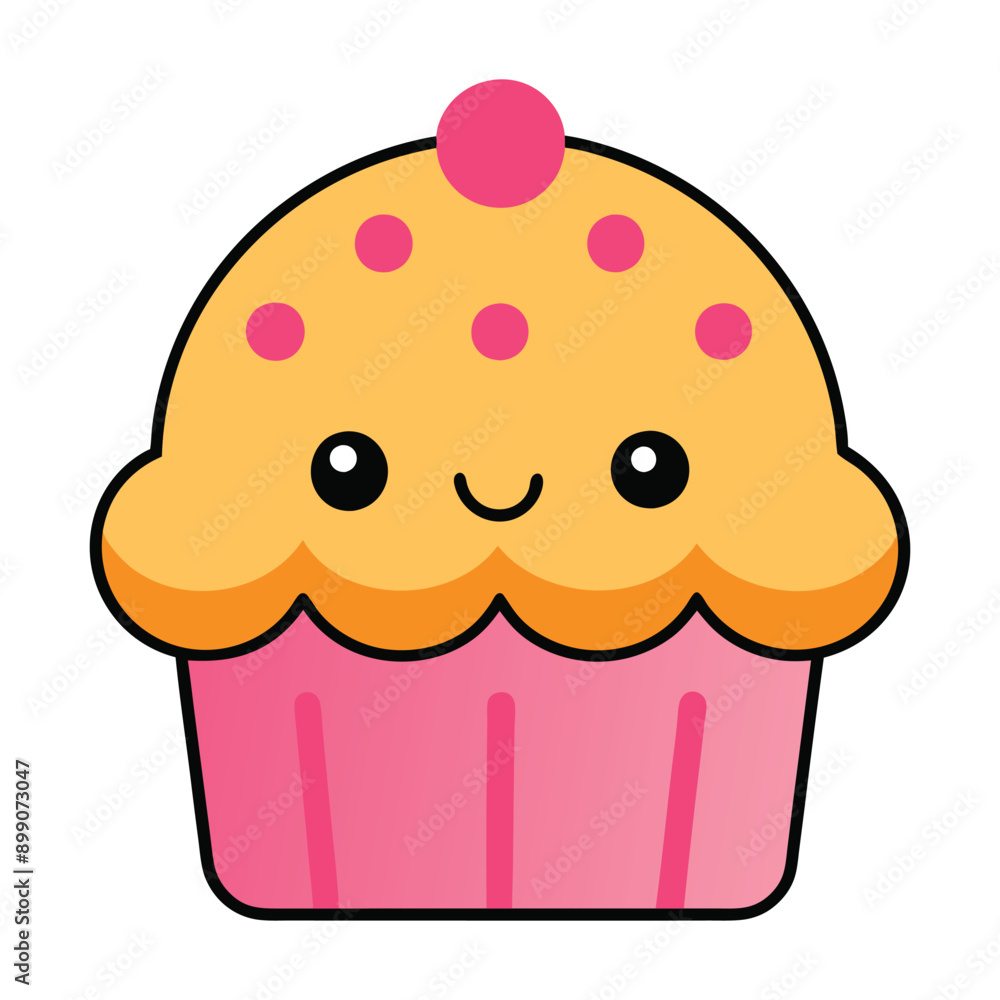 Bakery food cartoon character. Cute muffin with funny smiling face vector illustration Bakery food cartoon character. Cute muffin with funny smiling face vector illustration