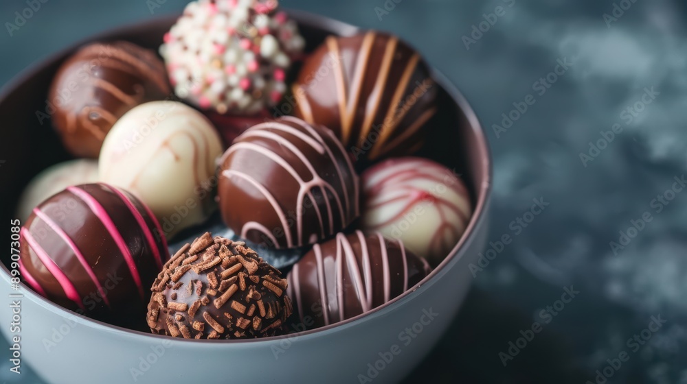 Assortment of delicious chocolate truffles in a bowl. Assortment of delicious chocolate truffles in a bowl.