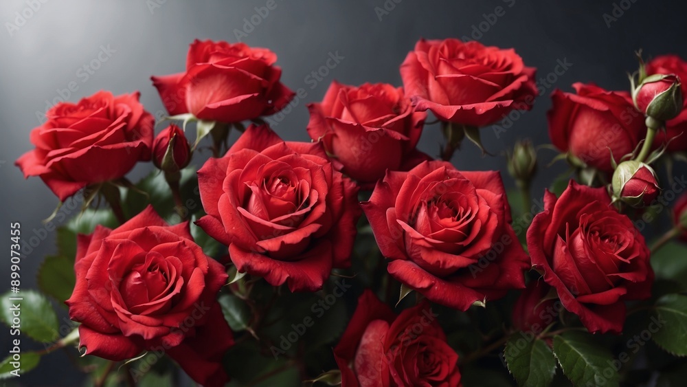 A bunch of bright red roses bloom vividly against a dark background, highlighting their beauty and romantic significance. A bunch of bright red roses bloom vividly against a dark background, highlighting their beauty and romantic significance.