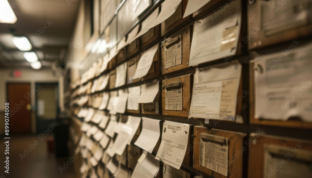 Fototapeta premium Wall of mailboxes with papers sticking out