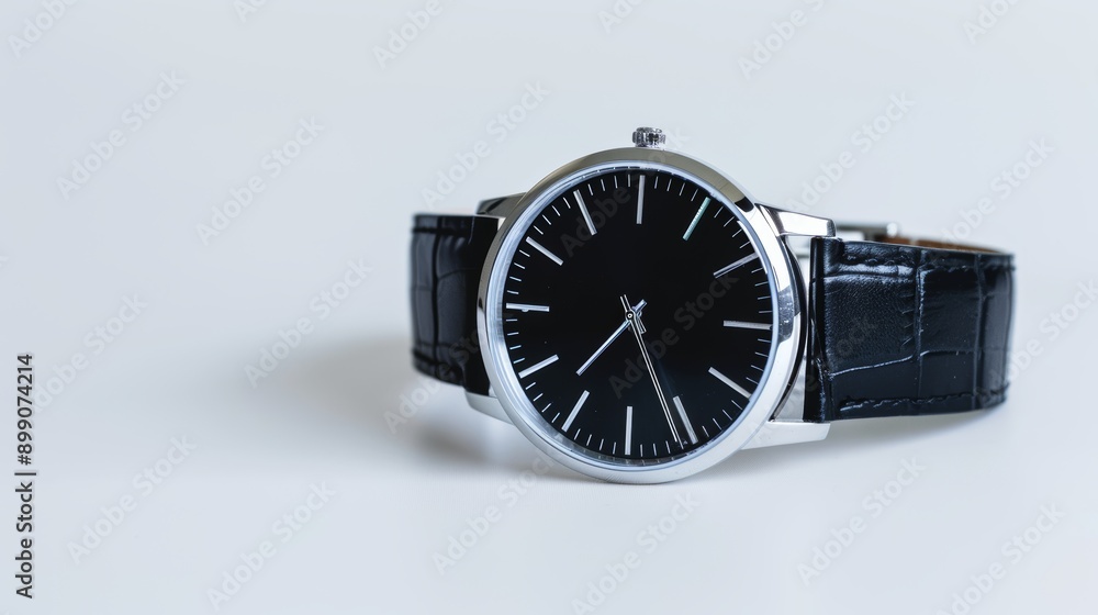 A stylish wristwatch with a sleek leather strap, isolated on a plain background, ample copy text space for advertising, precise and elegant design A stylish wristwatch with a sleek leather strap, isolated on a plain background, ample copy text space for advertising, precise and elegant design