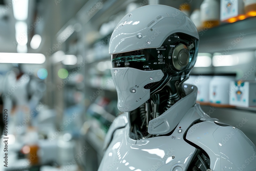 White robot in an industrial setting perfect for showcasing advanced technology and modern automation themes White robot in an industrial setting perfect for showcasing advanced technology and modern automation themes
