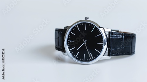 A stylish wristwatch with a sleek leather strap, isolated on a plain background, ample copy text space for advertising, precise and elegant design