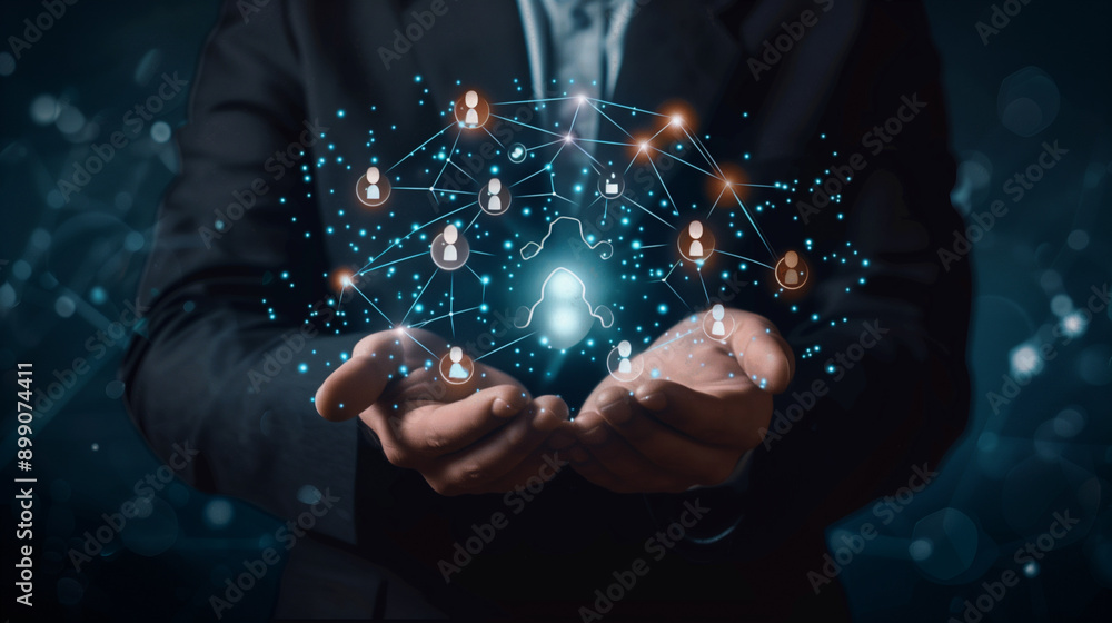 Obraz premium Hands Holding Digital Sphere Representing Global Social Network