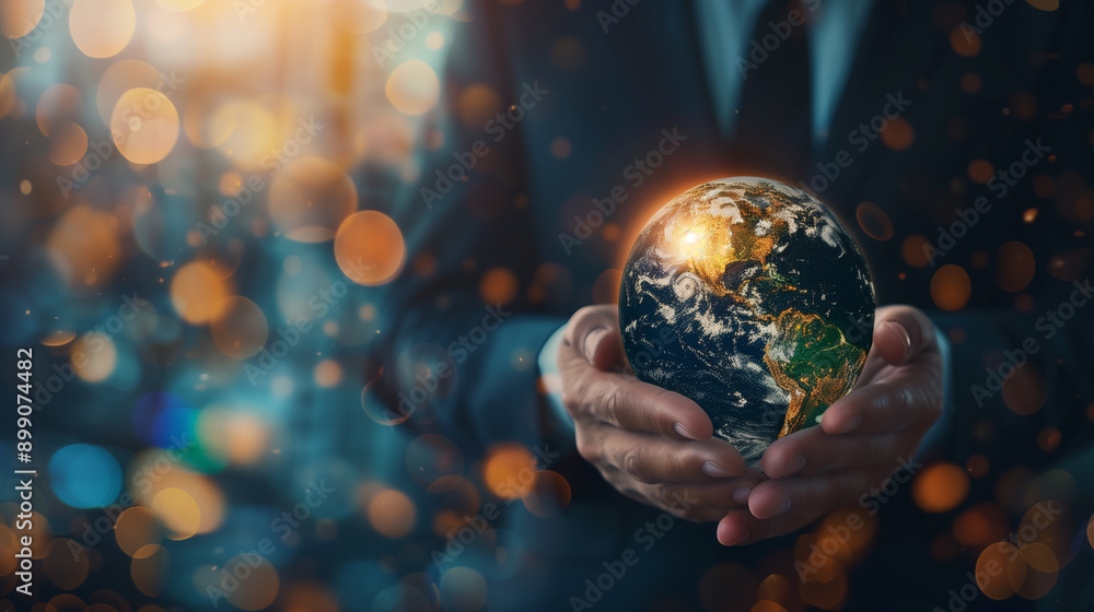 Businessman Holding Illuminated Globe with Bokeh Lights in Background Businessman Holding Illuminated Globe with Bokeh Lights in Background